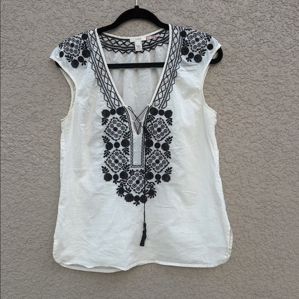 J. Crew Black Embroidered White Blouse